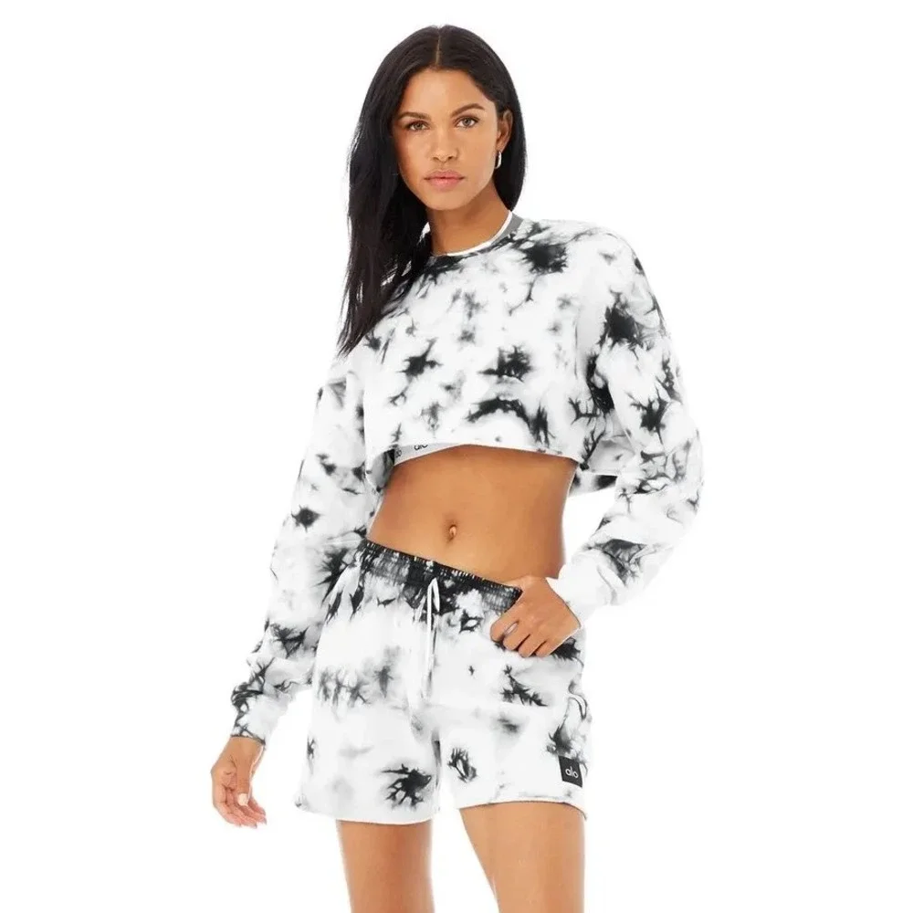 Alo‎ Yoga Tie Dye Extreme Crop Crewneck Sweatshirt Black White Cropped Pullover